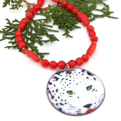 white black red snow leopard pendant necklace handmade jewelry gift