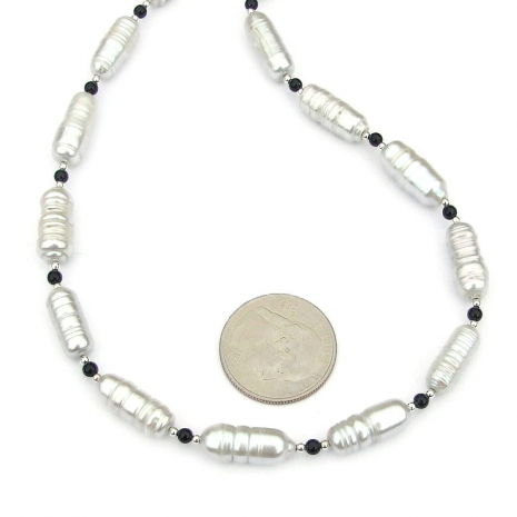 white circled tube pearl necklace black onyx handmade jewelry gift