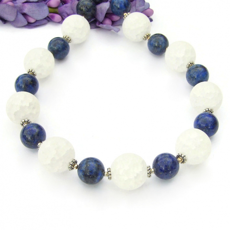 white crackle quartz blue lapis lazuli jewelry handmade sterling silver