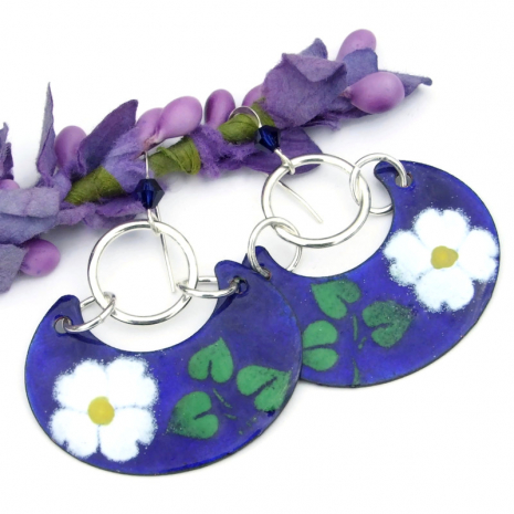 white daisy boho flower handmade jewelry enamel blue green enamel
