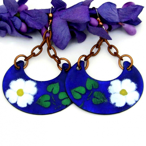 white flower on blue earrings enamel boho jewelry