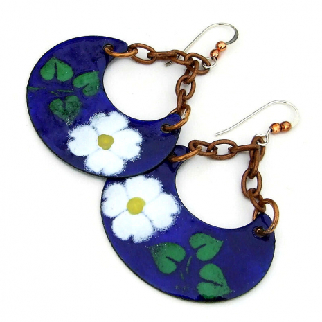 white flowers on blue enamel earrings gift for her