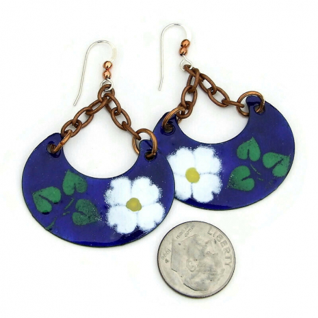 white flowers on blue enamel jewelry gift for her