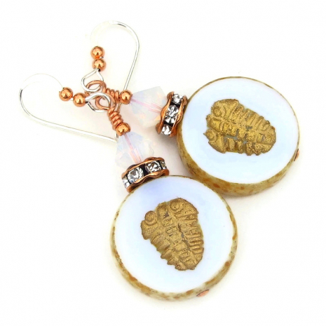 white gold crystals trilobite earrings handmade gift for her
