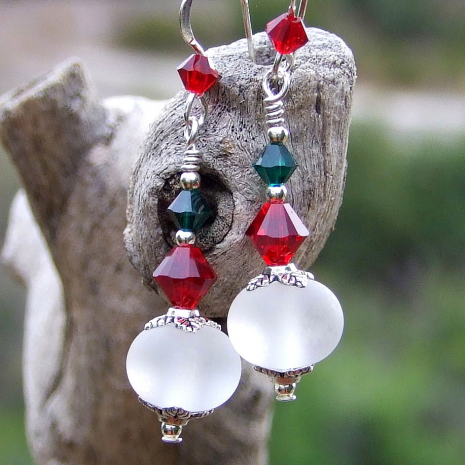 Christmas Holidays Lampwork Earrings White Red Green Handmade Jewelry Shadow Dog Designs