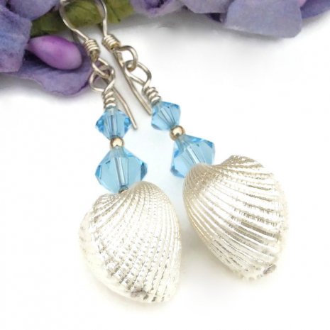 white heart cockle shell jewelry handmade blue swarovski crystals