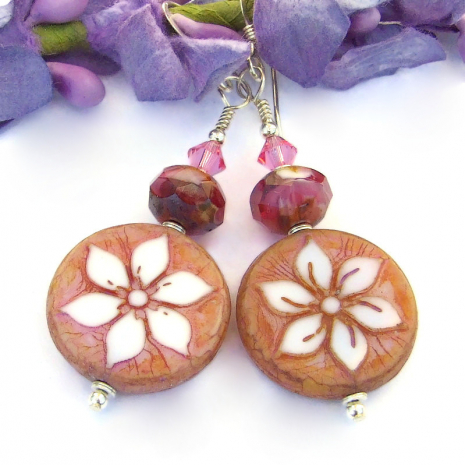 white hibiscus flower earrings brown pink