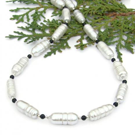 white pearl black onyx necklace handmade sterling silver