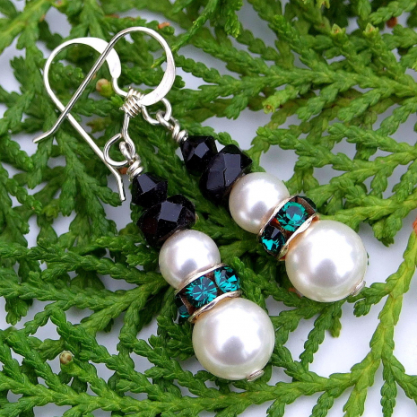 white pearl green swarovki crystal snowman earrings christmas winter gift