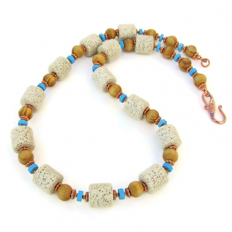 white pumice rock handmade necklace wood turquoise magnesite copper