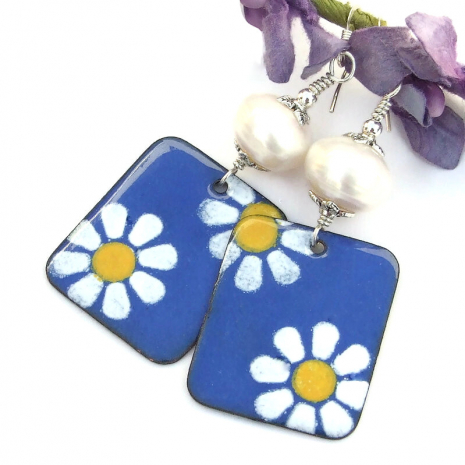 white yellow daisy flower blue earrings handmade enamel white pearls