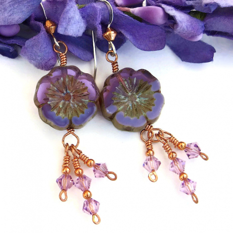 earrings flower lavender purple jewelry crystals spring gift summer