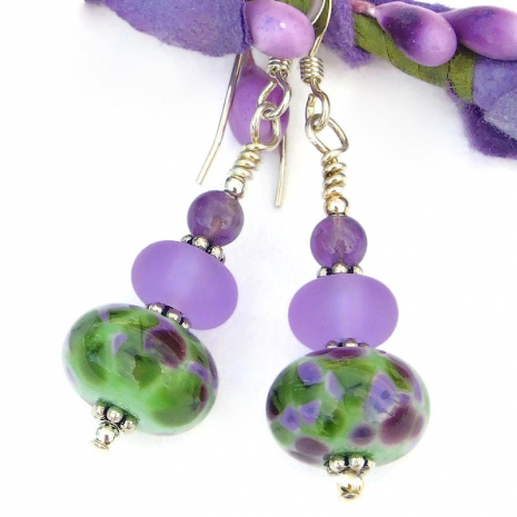 wisteria purple lilac green lampwork glass handmade jewelry amethyst gemstones