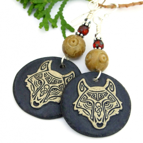 wolf head celtic knot handmade earrings brown tan ceramic red