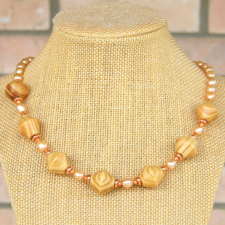 wood beads pearls necklace handmade gift for women