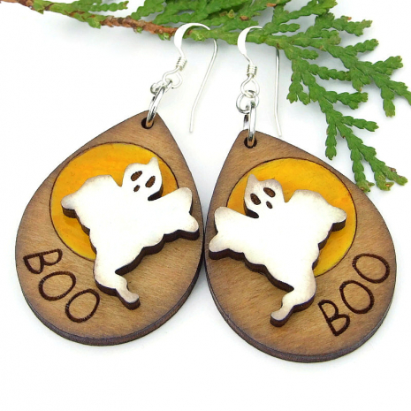 wood halloween ghost moon boo earrings handmade wooden jewelry