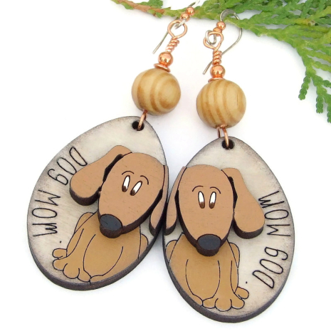 wooden dog mom earrings handmade brown dogs lightweight