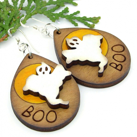 wooden halloween ghost moon jewelry handmade boo earrings