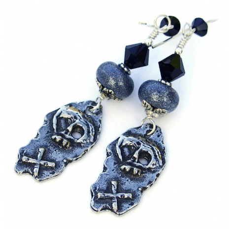 handmade skull earrings with gray lampwork beads and Swarovski crystals
