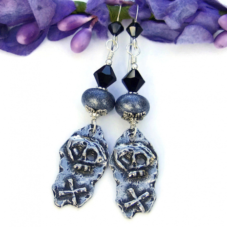 one of a kind Hallowen skull and lampwork earrings for women