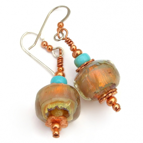 yellow amber lampwork bead turquoise earrings gift for her