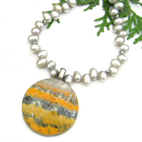 yellow orange gray bumblebee jasper gemstone necklace handmade top drilled pearl