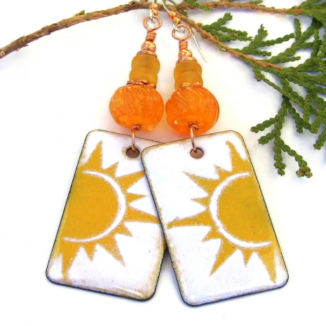summer sun handmade earrings enamel orange lampwork
