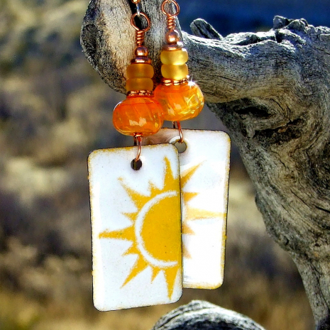 yellow sun orange lampwork enamel earrings summer gift