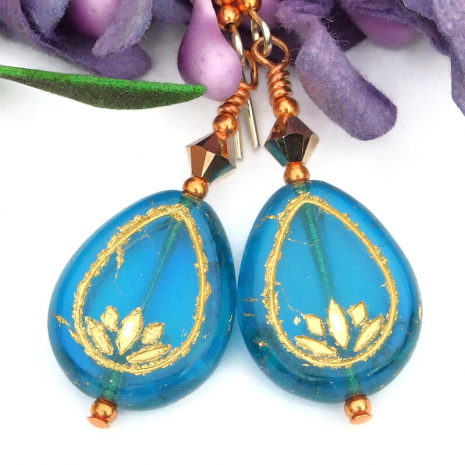 yoga earrings lotus flower teardrop aquamarine Swarovski crystals handmade