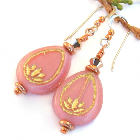 yoga lotus earrings handmade pink rose gold Swarovski crystals