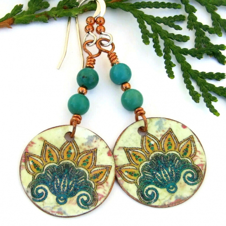 yoga lotus flower earrings turquoise copper