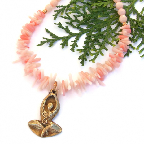 yoga meditation handmade necklace goddess rising pink coral