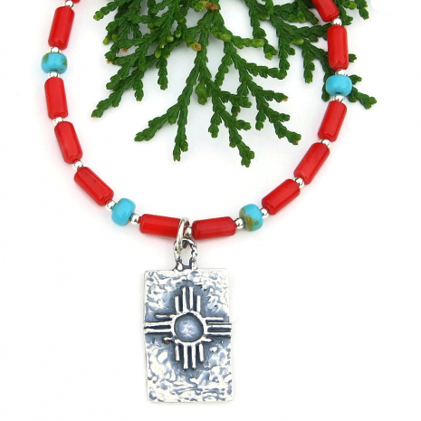 zia sun symbol coral turquoise necklace