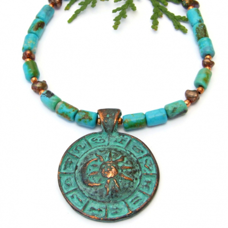 zodiac horoscope handmade sun moon pendant jewelry real turquoise pearls