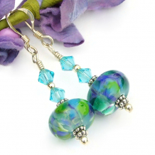 aqua blue green purple lampwork handmade earrings swarovski crystals