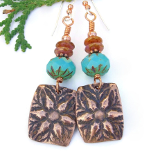 artisan star flowers earrings handmade copper aqua opal pink glass