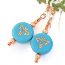 bee earrings turquoise blue gold handmade jewelry gift
