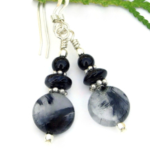 black dendritic tree agate handmade gemstone earrings black onyx sterling silver