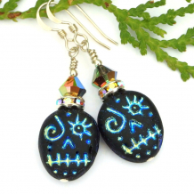 black metallic blue voodoo skull earrings swarovski crystals