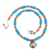 blue and coral beach necklace with seashell pendant