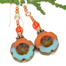 blue orange flower earrings handmade czech glass copper