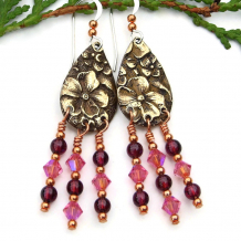 bobo flowers pink crystal red garnet chandelier earrings
