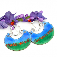 The fun ORANGE POPPIES handmade earrings feature artisan enamel poppy dangles, sterling silver rings and orange Swarovski crystals - unique floral jewelry gift for women. boho poppy flower handmade earrings orange blue green enamel