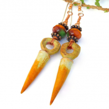 boho spike earrings handmade orange faux wood