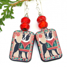 The TERRIER CHRISTMAS handmade earrings feature ceramic Boston terrier dangles, red Czech glass roller beads and sterling silver - unique holiday jewelry gift for the dog lover. boston terrier holiday earrings handmade ceramic Christmas dog jewelry gift