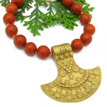 brass nepal tribal shield pendant necklace red jasper handmade jewelry