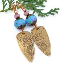 bronze butterfly wings handmade jewelry blue lavender green lampwork butterflies
