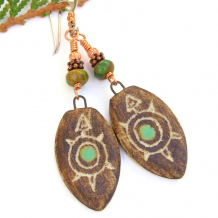brown green turtle earrings handmade sgraffito ceramic green turquoise