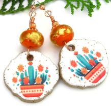cactus lover handmade earrings flowers succulents ceramic orange gold lampwork