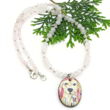 ceramic dog lover pendant necklace pink rose quartz gemstones